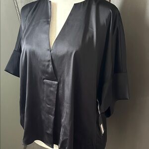 Worthington black satin polyester kimono style pullover shirt LG NWT
